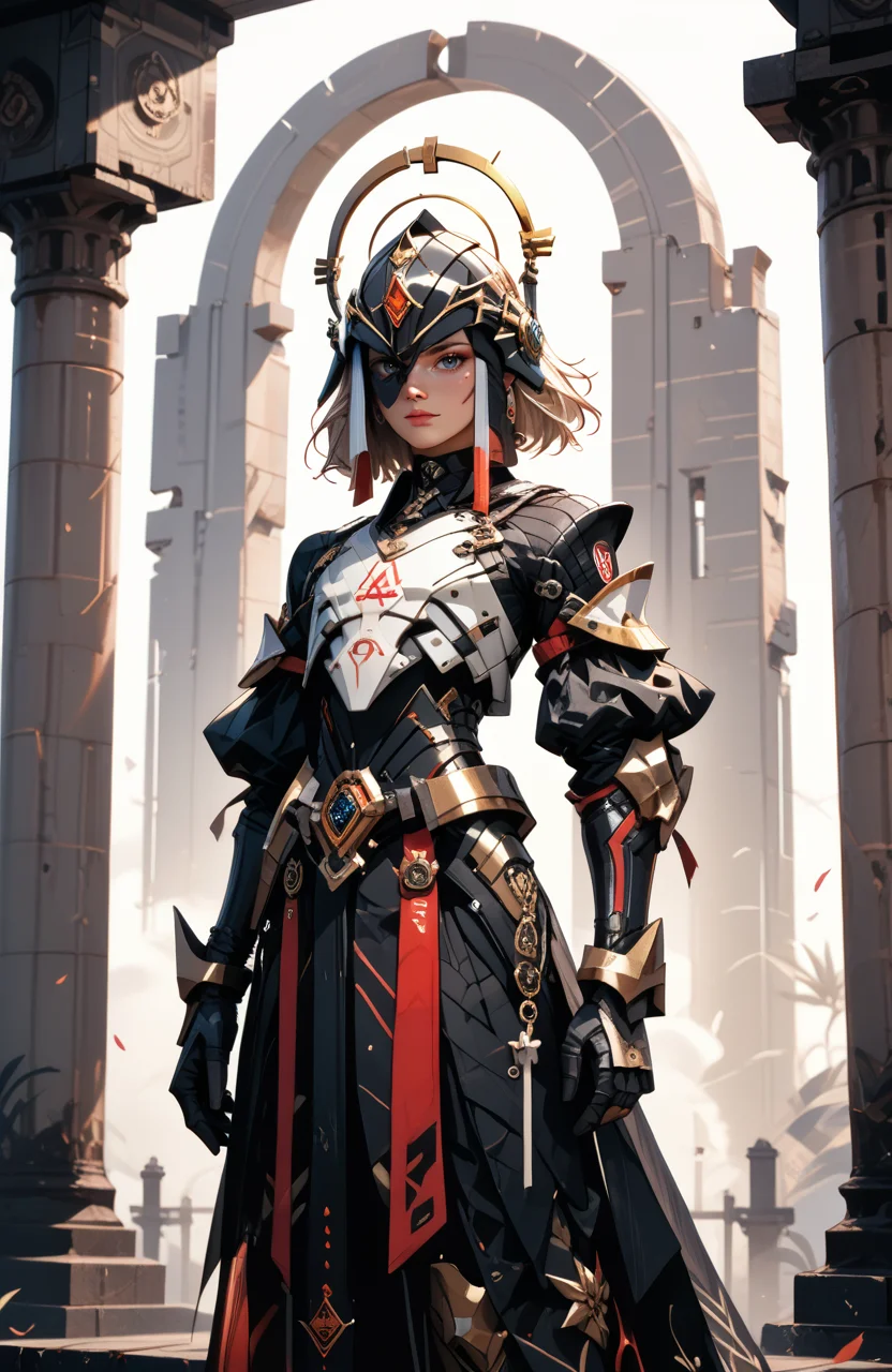 score_9, score_8_up, score_7_up, score_6_up,
cinematic film still, A highly detailed, stylized figure with an androgynous form, standing in a dynamic, forward-leaning pose. Clad in intricate white and black armor, both elegant and menacing, the segmented plates have sharp, angular edges and an organic, bone-metal texture. A sleek, black helmet crowned by a golden halo gives the figure an otherworldly, angelic presence. set against ancient temple with pillars, the color palette contrasts white, black, and gold. The figureâs raised right hand reveals sharp black claws, exuding power and an ethereal mix of fantasy and sci-fi, shallow depth of field, vignette, highly detailed, moody, epic, gorgeous, film grain, grainy,
<lora:Dystopian Anime_epoch_15:1>,