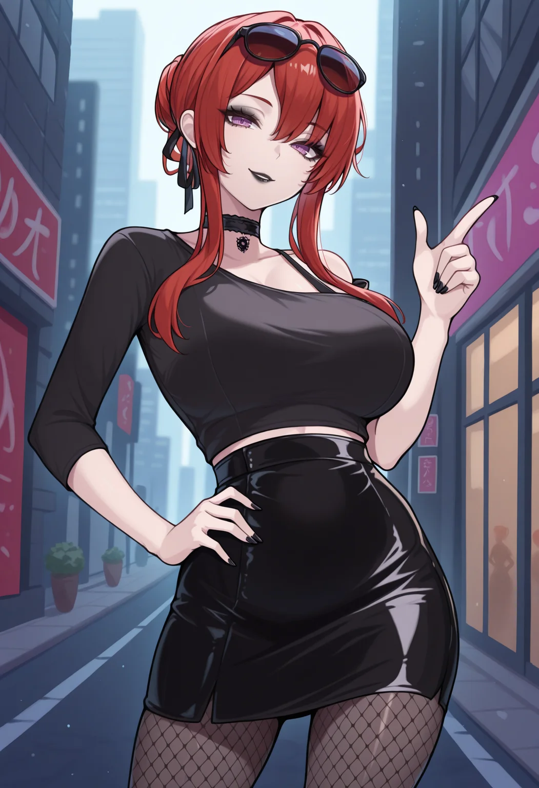 masterpiece, best quality, 1girl, solo, MonarchAL, purple eyes, red hair, hair bun, sidelocks, black hair ribbon, goth fashion, black eyeliner, black lipstick, eyeshadow, sunglasses on head, black choker, black shirt, single bare shoulder, bra strap, midriff peek, black skirt, tight skirt, fishnet pantyhose, high-waist pantyhose, hand on hip, contrapposto, finger gun, looking at viewer, smile, outdoors, city, street, <lora:ChamMonarchIllustriousXL:1>