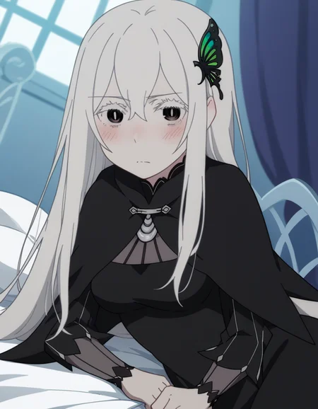 score_9, score_8_up, score_7_up, source_anime, <lora:rezero-echidna-s2-ponyxl-lora-nochekaiser:1>, echidna, colored eyelashes, white hair, hair between eyes, long hair, straight hair, black eyes, medium breasts,, black capelet, black dress, butterfly hair ornament, capelet, dress, hair ornament,, indoors, bed, bed room, on side, blush, drunk, looking at viewer, solo,, cowboy shot, dutch angle
