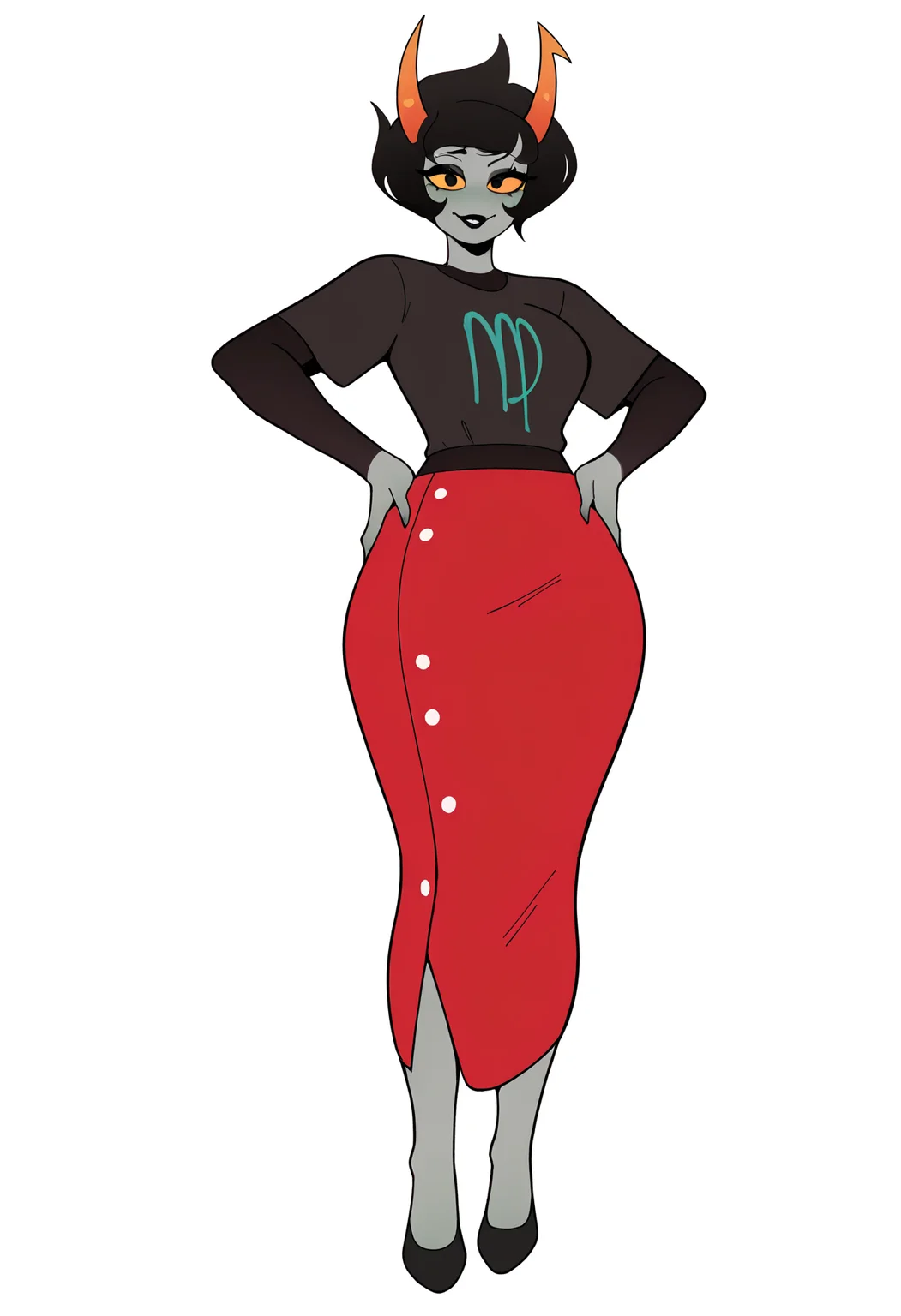 best quality, amazing quality, very aesthetic, absurdres,
1girl, kanaya, black eyes, yellow sclera, black hair, short hair, horns, black lipstick,
grey skin, black shirt, red skirt, black shoes,
standing, hands on hips, full body,
smile, solo, looking at viewer, (simple background, white background:1.3), <lora:KanayaMaryamNoobXL_byKonan:1>