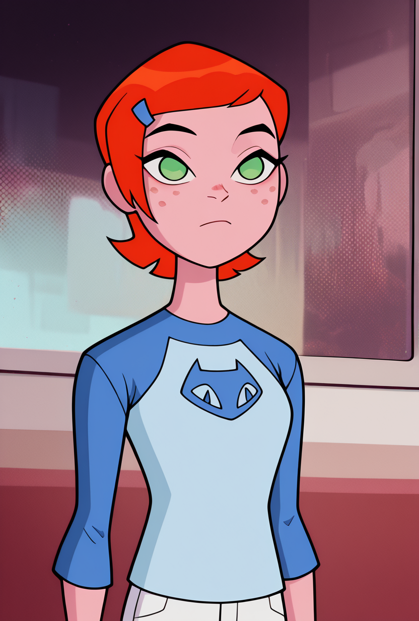 ((cartoon, screencap,))   <lora:gwenov-10:1> gwenov, orange hair, 1girl, short hair, hairclip, green eyes, raglan sleeves, freckles, white pants, blue shirt, upper body, halftone effect, white borders, abstract background:1.2,, masterpiece, best quality, amazing quality, very aesthetic, absurdres, newest,