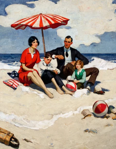 Cornwall painting depicting a family having a vacation on a beach in the Northeast of the USA in 1921, texture, close up <lora:DCornwall-000005:1>