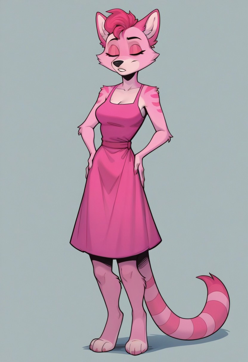 score_9, score_8, score_7, 
((solo)), 1girl,score_6_up, source_furry, solo, female, anthro, furry, slim, Sonya, pink fur, closed eyes, curly short hair, striped racoon tail, pink dress, standing, hands on waist, 
BREAK, looking at viewer, gray background, full body