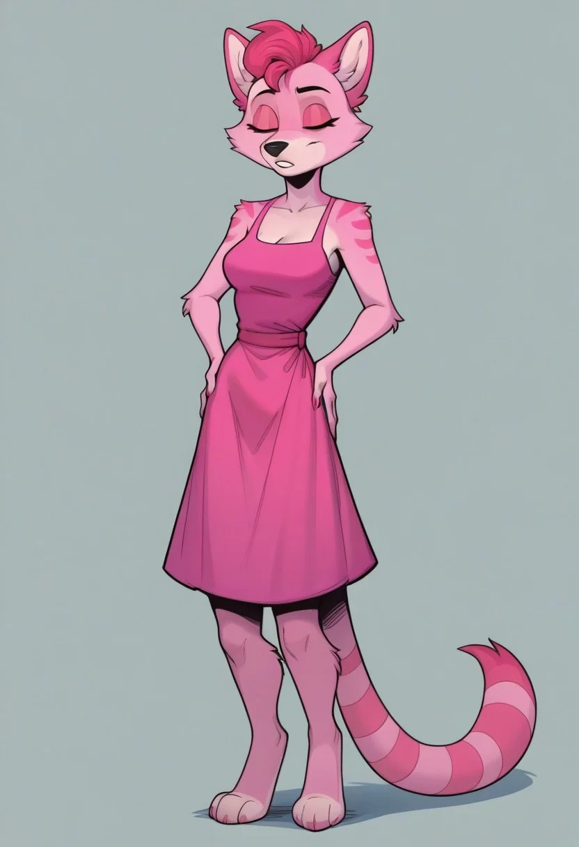 score_9, score_8, score_7,
((solo)), 1girl,score_6_up, source_furry, solo, female, anthro, furry, slim, Sonya, pink fur, closed eyes, curly short hair, striped racoon tail, pink dress, standing, hands on waist,
BREAK, looking at viewer, gray background, full body