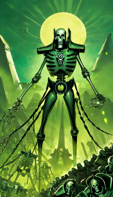 comic Necrons, scenery, detailed background, masterpiece, best quality, high quality, absurdres <lora:necrons_xl_v1:1> . graphic illustration, comic art, graphic novel art, vibrant, highly detailed