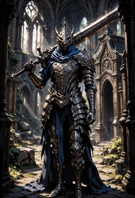 FluxArtorias, A towering knight clad in gleaming armor, wielding a sword over his shoulder, patrols the grounds of a weathered church. This scene is depicted in stunning detail, resembling an ultra-realistic dark fantasy painting. The knight's intricate armor shines with a majestic luster, contrasting with the somber backdrop of the ancient church. The artist's attention to realism and dark ambiance immerses the viewer in a world of fantasy and mystery, making this image truly captivating. <lora:FluxArtorias:1> <lora:fluxenhancer:0.5> <lora:FluxMythP0rtr4itStyle:0.8> mythp0rt