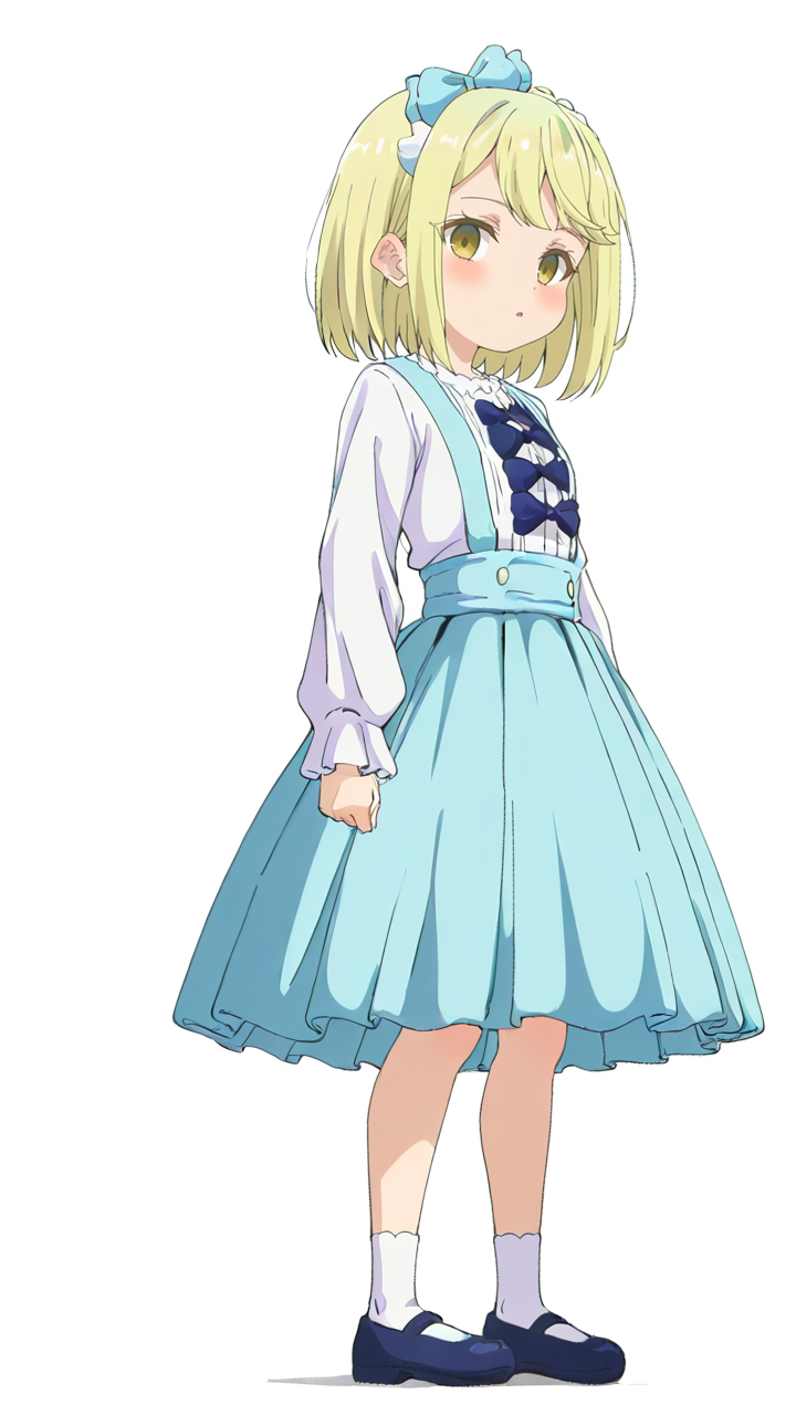 white_background,simple background,1girl,solo,looking_at_viewer,anime screenshot,sincos,<lora:Viena&Fiena_Illustrious_v1:1>,Fiena,blue bow,hairband,hair bow,dress,blue dress,shirt,white shirt,long sleeves,socks,white socks,shoes,skirt,suspenders,suspender skirt,looking_up,, masterpiece, best quality