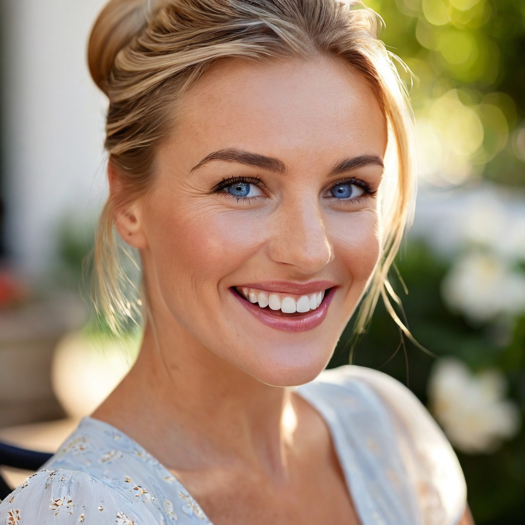 "A hyper-detailed, high-resolution (8K) close-up portrait of a 40-year-old woman with sleek blonde hair tied back in a soft bun, wearing a light, airy white blouse. Her striking blue eyes gleam with happiness, framed by delicate laugh lines that enhance her natural charm. The background is intentionally blurred, suggesting a lush garden terrace brunch—sun-dappled foliage, a wrought-iron table, and scattered morning light filtering through leaves. Shot with a Hasselblad H6D-100c medium-format camera, using a tight crop and a shallow depth of field (f/2.8) to emphasize the interplay of light on her skin and the fine strands of her hair. The lighting is natural yet sculpted, inspired by Annie Leibovitz’s ability to blend realism with ethereal beauty."
