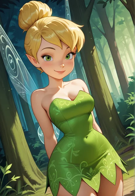 masterpiece, best quality, amazing quality, very aesthetic, absurdres, newest, detailed background, cowboy shot, outdoors, dynamic angle, forest,
tinkerbellxd, 1girl, fairy, solo, fairy wings, blonde hair, single hair bun, green dress, bare shoulders, smile, full body, strapless dress, short dress, medium breasts, short hair, green footwear, pointy ears, standing, lookiing at viewer, pompom shoes, thin waist, wide hips,
<lora:Tinkerbell_-_Disney_Illustrious:1>