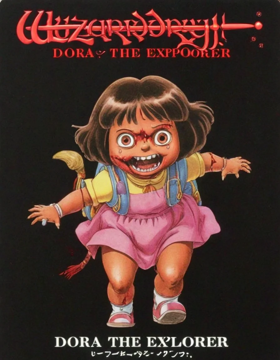 wzdry poster with text 'Dora the Explorer', scary spooky bloody mad (Dora the Explorer:0.7) from a 70s horror movie poster, dark background, black background
<lora:wzdry:1>