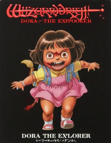wzdry poster with text 'Dora the Explorer', scary spooky bloody mad (Dora the Explorer:0.7) from a 70s horror movie poster, dark background, black background
<lora:wzdry:1>