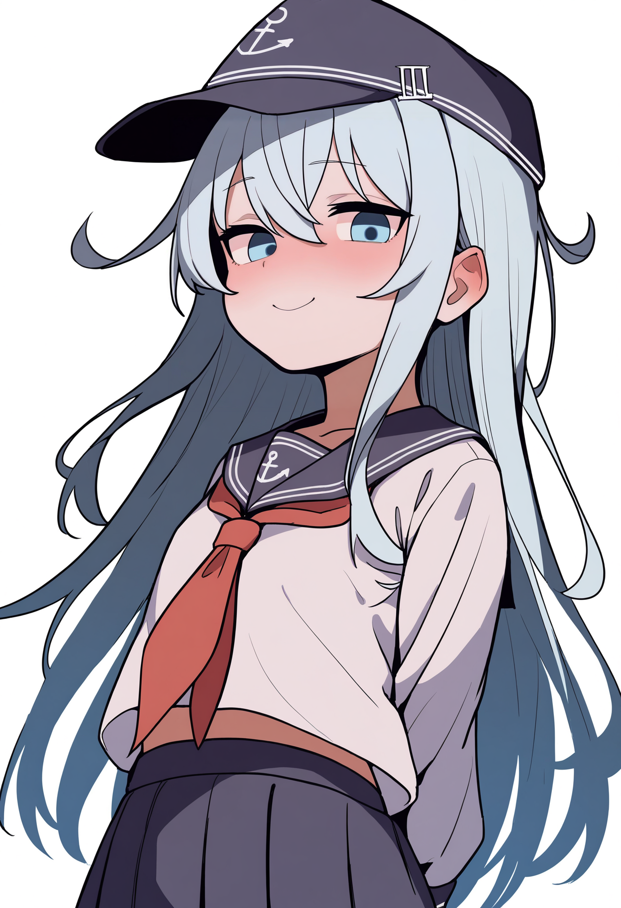 best quality, amazing quality, very aesthetic, absurdres,
1girl, hibiki \(kancolle\), grey hair, long hair, hair between eyes, blue eyes, anchor symbol, flat cap,
black sailor collar, black skirt, long sleeves, neckerchief, pleated skirt, school uniform, serafuku,
hands behind back, smile, 
upper body, looking at viewer, solo, simple background, white background,   <lora:HibikiNoobXL_byKonan:1>