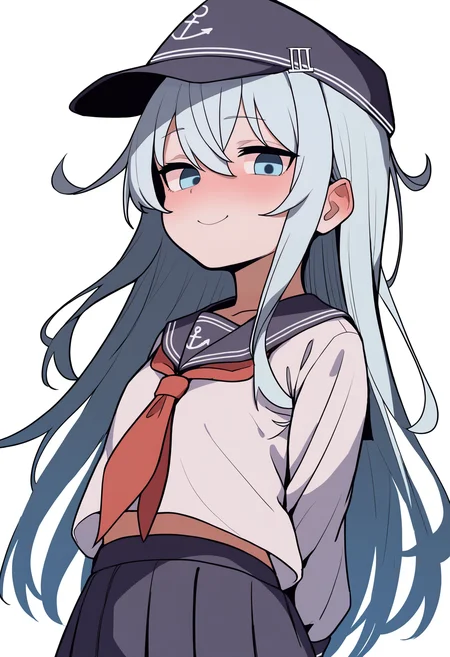 best quality, amazing quality, very aesthetic, absurdres,
1girl, hibiki \(kancolle\), grey hair, long hair, hair between eyes, blue eyes, anchor symbol, flat cap,
black sailor collar, black skirt, long sleeves, neckerchief, pleated skirt, school uniform, serafuku,
hands behind back, smile,
upper body, looking at viewer, solo, simple background, white background, <lora:HibikiNoobXL_byKonan:1>