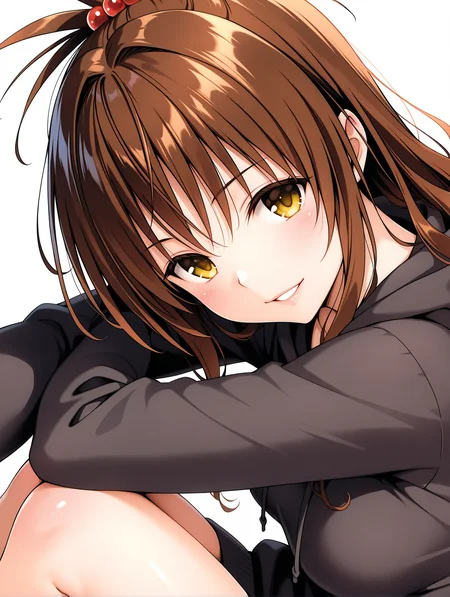masterpiece,best quality,newest,
1girl,solo,medium breasts,
<lora:y_mikan_ilxl_v1.8:1>,y_mikan,brown hair,long hair,yellow eyes,hair ornament,hair bobbles,long_sleeves,black,hoodie,
<lora:Fixhands_anime_bdsqlsz_V1:1>,simple_background,white background,looking_at_viewer,cinematic_angle,upper_body,face_focus,from_side,hand_on_own_,:d,parted lips,light_blush,from_above,sitting,