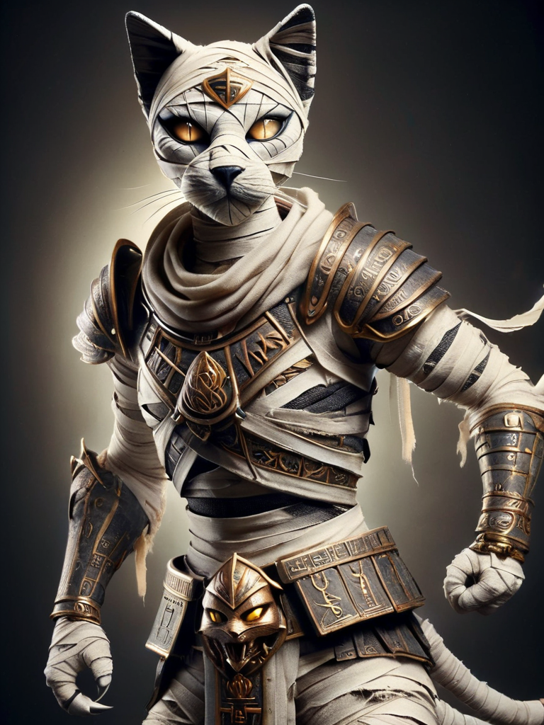 bastet, a cat dressed in armor, writst armor, shoulder plates, shoulder armor, chest armor, black and bronze armor with runes, wrapped in bondages, mummy style, glowing eyes, fighting pose <lora:bastet-sdxl:1>