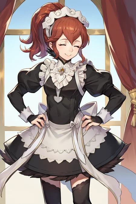 score_9, score_8_up, score_7_up, score_6_up, source_anime BREAK 1girl, solo, <lora:feanna-pdxl-nvwls-v1-000005:1> <lora:feh-style-richy-v1_pdxl:1> fatesanna, red hair, ponytail, <lora:fatesmaid-fe-richy-v1_pdxl:1> fates maid, maid headdress, maid apron, bridal gauntlets, black thighhighs, bedroom, closed eyes, happy, smile, hands on hips, standing