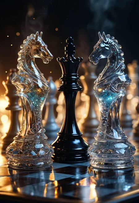 [Masterpiece. Realistic. Transparent Beings. Everything in this universe is made out of sparkling glass crystals. A chess piece made of crystals. Water explosions. Transparent or silver body parts.], detailed, romantic, very inspirational, beautiful, elegant, lovely, cute, pretty, modern, epic composition, fabulous atmosphere, cinematic light, dynamic dramatic ambient, Vibrant Colors 
ral-tr33brnch, Arttrttrt, extreme Long Shot, masterpiece, intricate detail, best quality, absurd resolution, Gothic, black stone with golden stripes, elegant, luxury, royal, expensive, 
Stylized chess pieces. Queen chess, Chess game, chess board, luxury and golden design. Photo realistic, cinematic light, concept art. ,