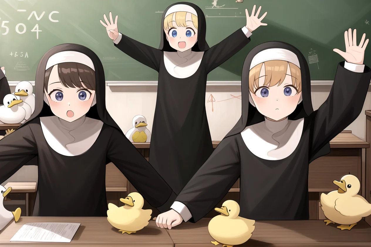 littlenuns, 5girls, dynamic pose, ducks, extreme detail, teacher, school, nun, <lora:littlenuns-000020:0.5>, masterpiece, best quality