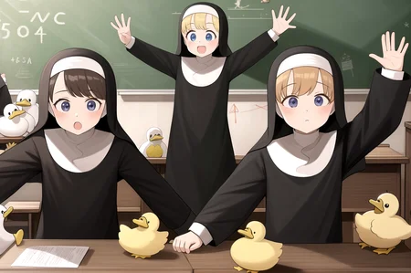 littlenuns, 5girls, dynamic pose, ducks, extreme detail, teacher, school, nun, <lora:littlenuns-000020:0.5>, masterpiece, best quality