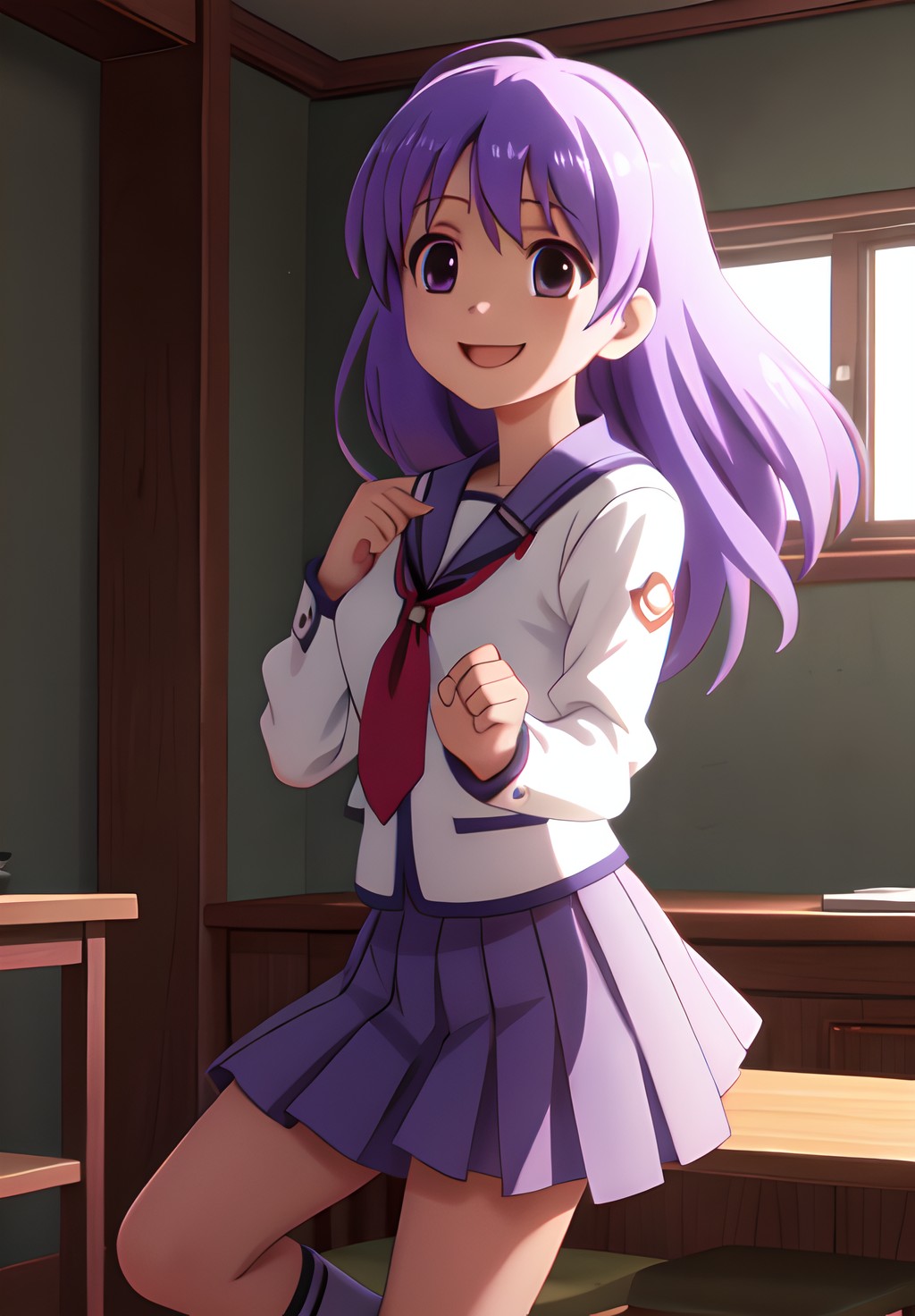 <lora:Angelbeats:0.6>, Miyuki, solo, smile, Dynamic Pose