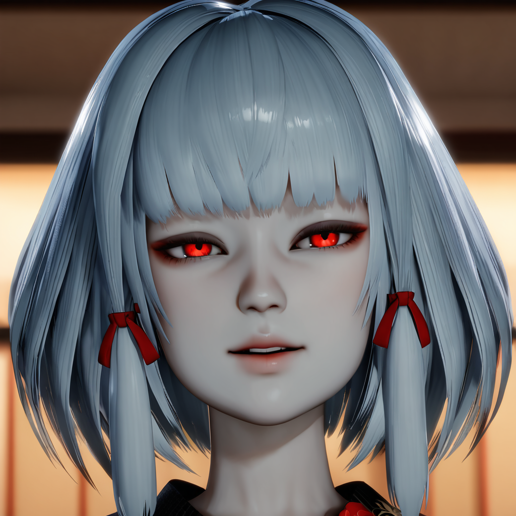masterpiece, best quality, very aesthetic, absurdres, BREAK, Shiragiku\(FF\),1girl,solo,short hair,bangs,blunt bangs,red eyes,red ribbon,hair ribbon,white hair,sidelocks,pale skin,breasts,small breasts,japanese clothes,kimono,pale skin,black kimono,floral print,black obi,sash, (face focus), beautiful eyes, detailed girl face