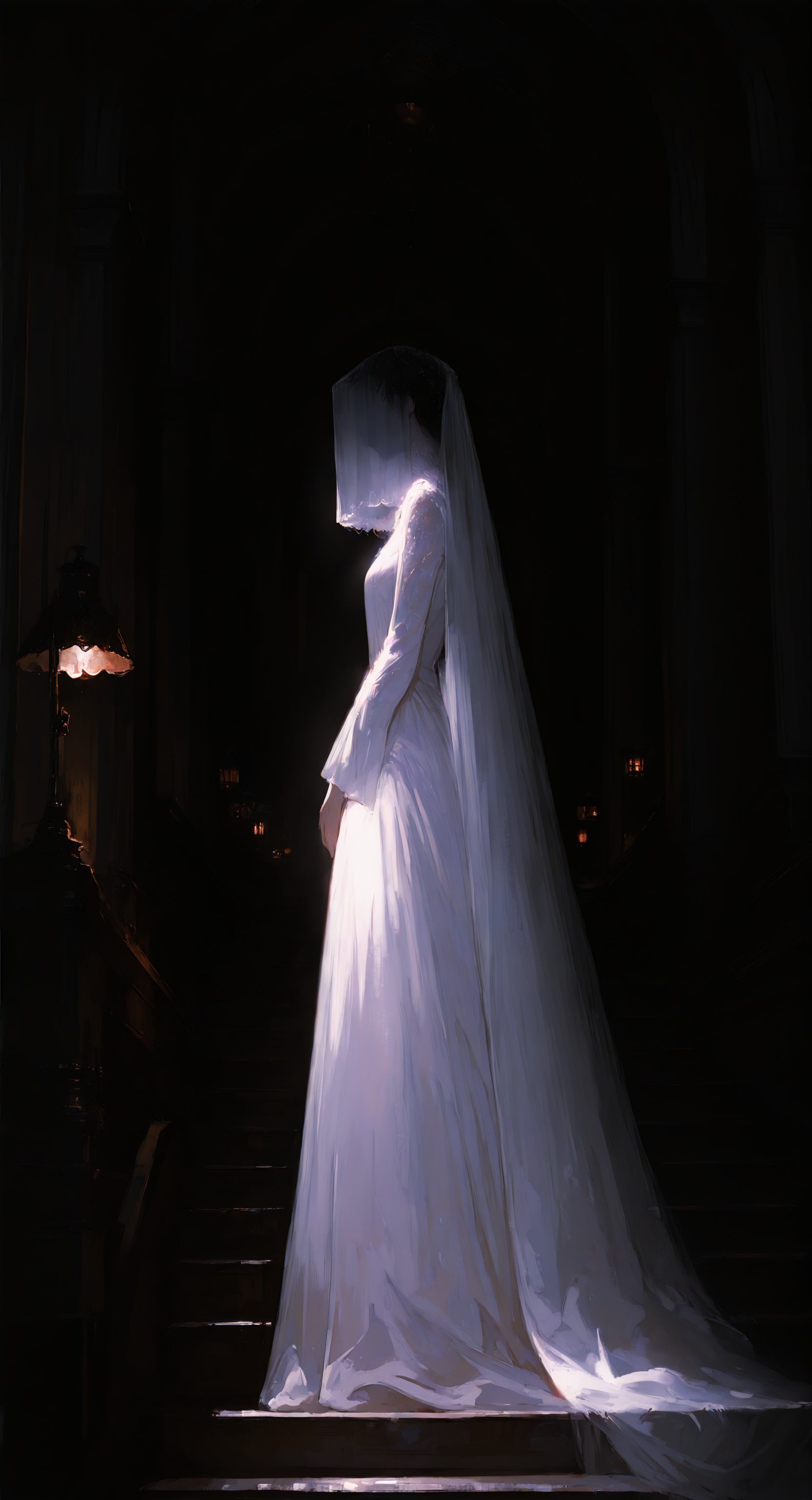 masterpiece, best quality, good quality, very aesthetic, absurdres, newest, 1girl, solo, long hair, black hair, long sleeves, Wedding Dress, standing, indoors, white dress,see-through, from side, feet out of frame, veil, stairs, long dress, lamp, dark, covered face, Full body, <lora:ponyv5_noobV065S_1_adamW-000013:0.7> <lora:USNR_STYLE_XL_lokr:0.6> <lora:EtherSDXL:0.15> <lora:748cmSDXL:0.4>