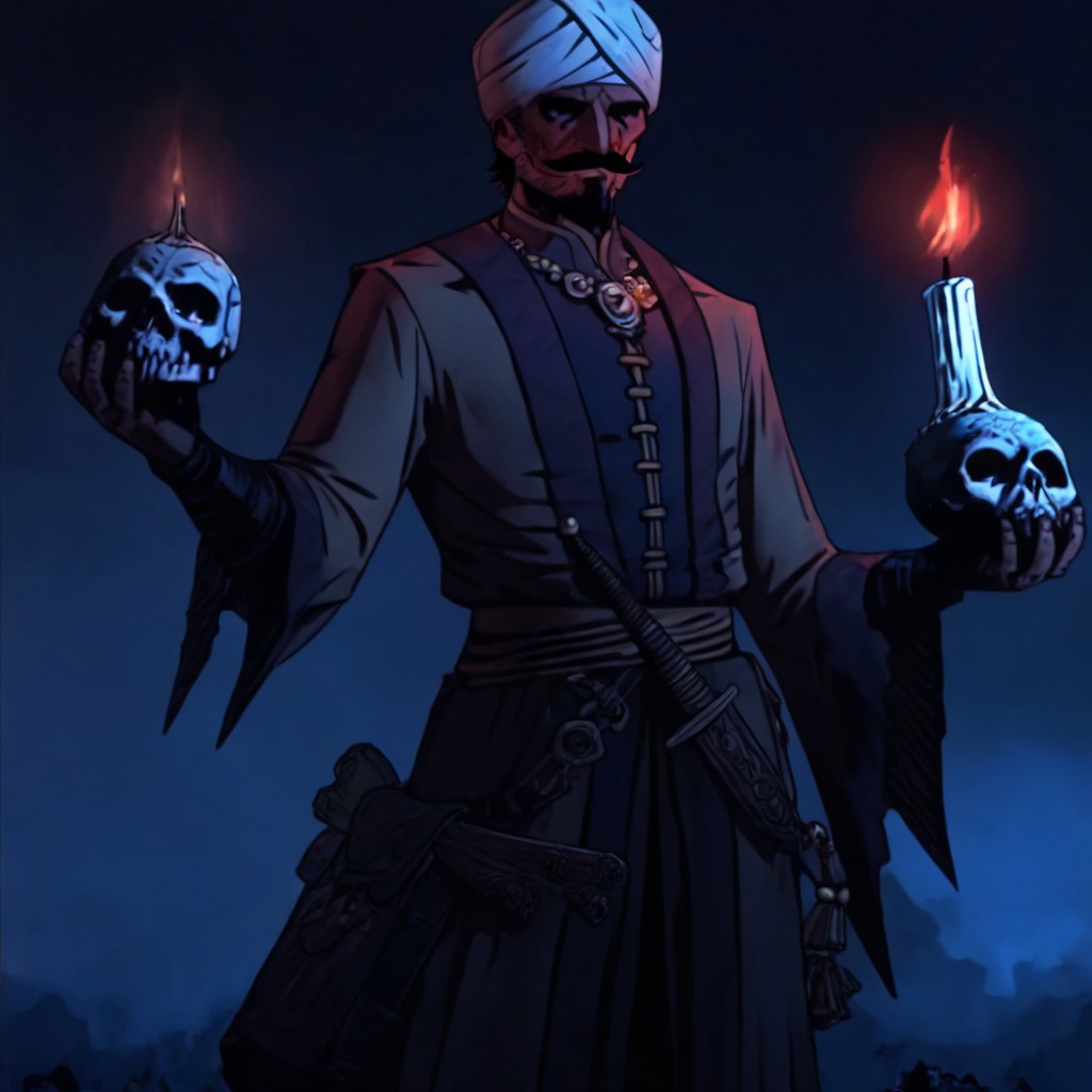 masterpiece, best quality, newest, absurdres, highres, anime, anime style, 1boy, DDOCC-V1.1, turban, headgear, facial hair, mustache, short hair, beard, arabian, arabian male, holding, candle, skull,