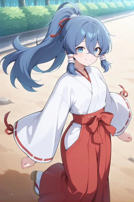 absurdres, highres, masterpiece, best quality, amazing quality, official anime artwork, screencap, anime screencap, outdoors, looking at viewer, smile, dynamic pose, 
 <lora:Mizuchi-Miyadeguchi_Illustrious:1> miyadeguchi mizuchi, 1girl, solo, blue eyes, blue hair, very long hair, hair tubes, ponytail, sidelocks, small breasts,, white kimono, wide sleeves, ribbon-trimmed sleeves, red hakama, miko, tabi, brown sandals,