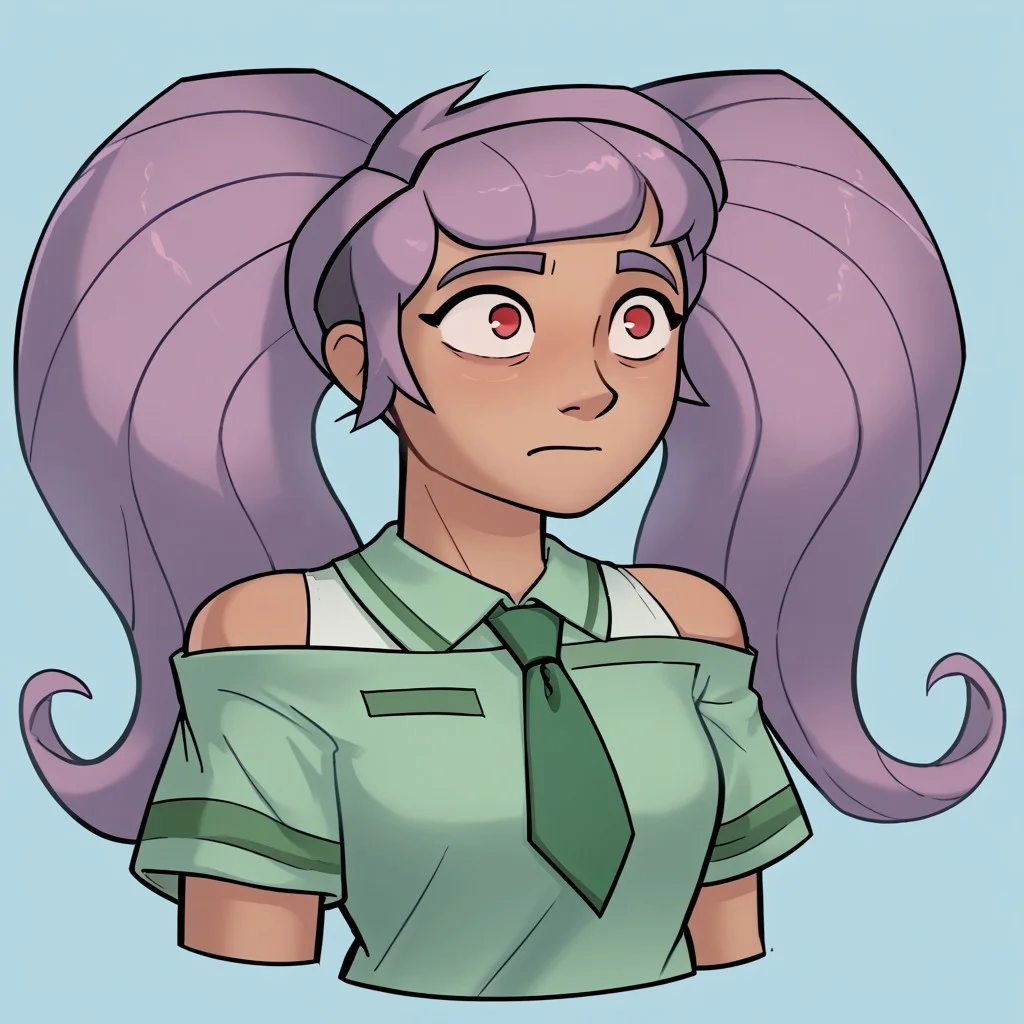 score_9, score_8_up, score_7_up, relatedguy, bust shot, solo, bare shoulders, CHEntrapta, simple background, one colour background, light blue background, Guilty, Downcast eyes, slumped shoulders, and a slightly ashamed expression, School Uniform, Green Tie, Green Collar Shirt, Skirt, Pleated Skirt, Short Sleeves, Long Socks,
