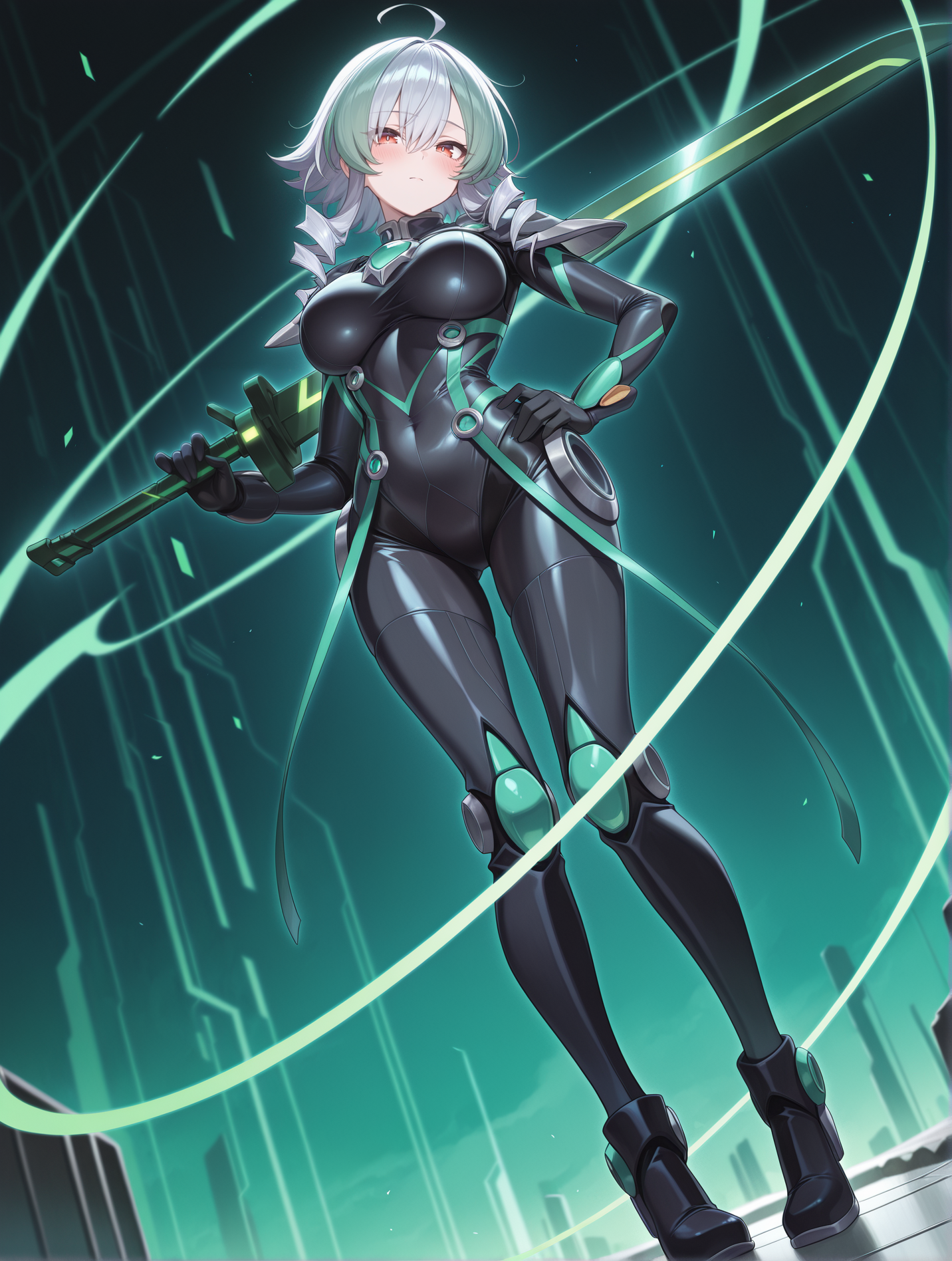 1girl,sky striker ace - camellia,solo,looking at viewer,green katana,holding green katana,blush,closed mouth,hand on hip,large breasts,full body,hair between eyes,dutch angle,from below,green background,green neon trim,black battle costume,weapon on back,
masterpiece,best quality,amazing quality,very aesthetic,absurdres,newest,<lora:sky striker ace - camellia and azalea illusXL v2:0.7>,