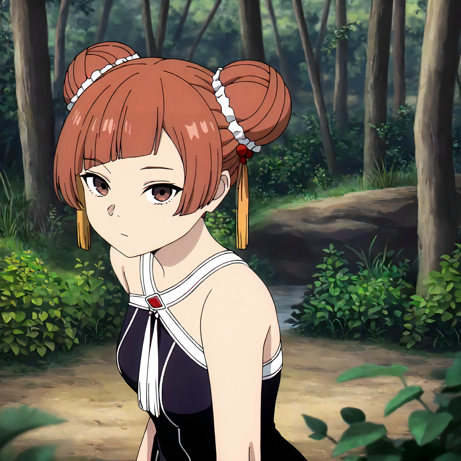 <lora:FBJE_LaufenXLIllustrious008>,
masterpiece,best quality,good quality,newest,
detailed background,nature,
looking at viewer,
solo,
Laufen,1girl,brown hair,short hair,double bun,brown eyes,yellow hairornament,
black dress,bare shoulders,
upper body,
standing,