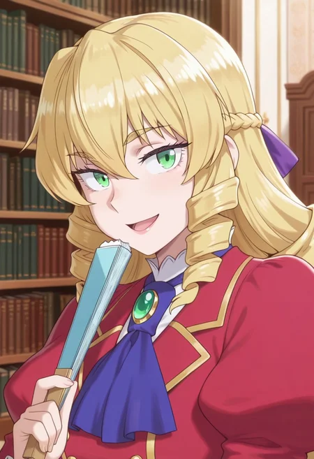 masterpiece,best quality,amazing quality, auvergne grace, long hair, blonde hair, green eyes, 1girl, solo, drill hair, smile, open mouth, looking at viewer, ascot, braid, puffy sleeves, bookshelf, indoors, book, hand fan, blue ascot