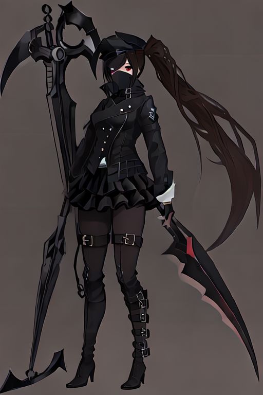 Succubus is a female with a long hair and red eyes, black police hat, wearing black bandanna that cover her face, black button jacket and short skirt, black thigh high boots, black gloves, black stockings, holding scythe,