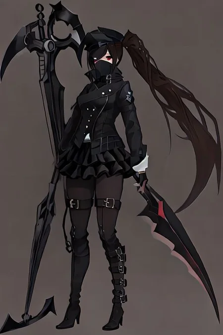 Succubus is a female with a long hair and red eyes, black police hat, wearing black bandanna that cover her face, black button jacket and short skirt, black thigh high boots, black gloves, black stockings, holding scythe,