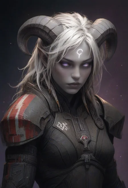 (absurdres, best quality, masterpiece:1.4), score_9, score_8_up, score_7_up, score_6_up, detailed, detailed body, detailed face, world of warcraft, fantasy, <lora:add-detail-xl:1.5>,
fFaceDetail, SkinDetail, fFaceDetail, (female, draenei, h0rns, ram horns, white horns, tall, pale white skin, long white hair, purple eyes, no pupils, no sclera),
n7 armor,
alone, upper body,
fantasy village background,