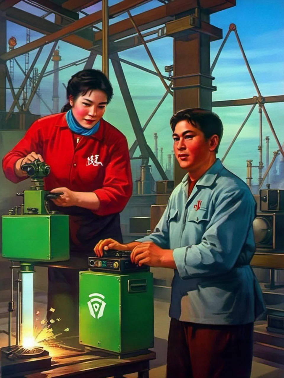 old country style painting, best quality, masterpiece,In the factory, computers are turned on and connected to a large number of Nvidia graphics cards<lora:æ§å½é£:0.8>
