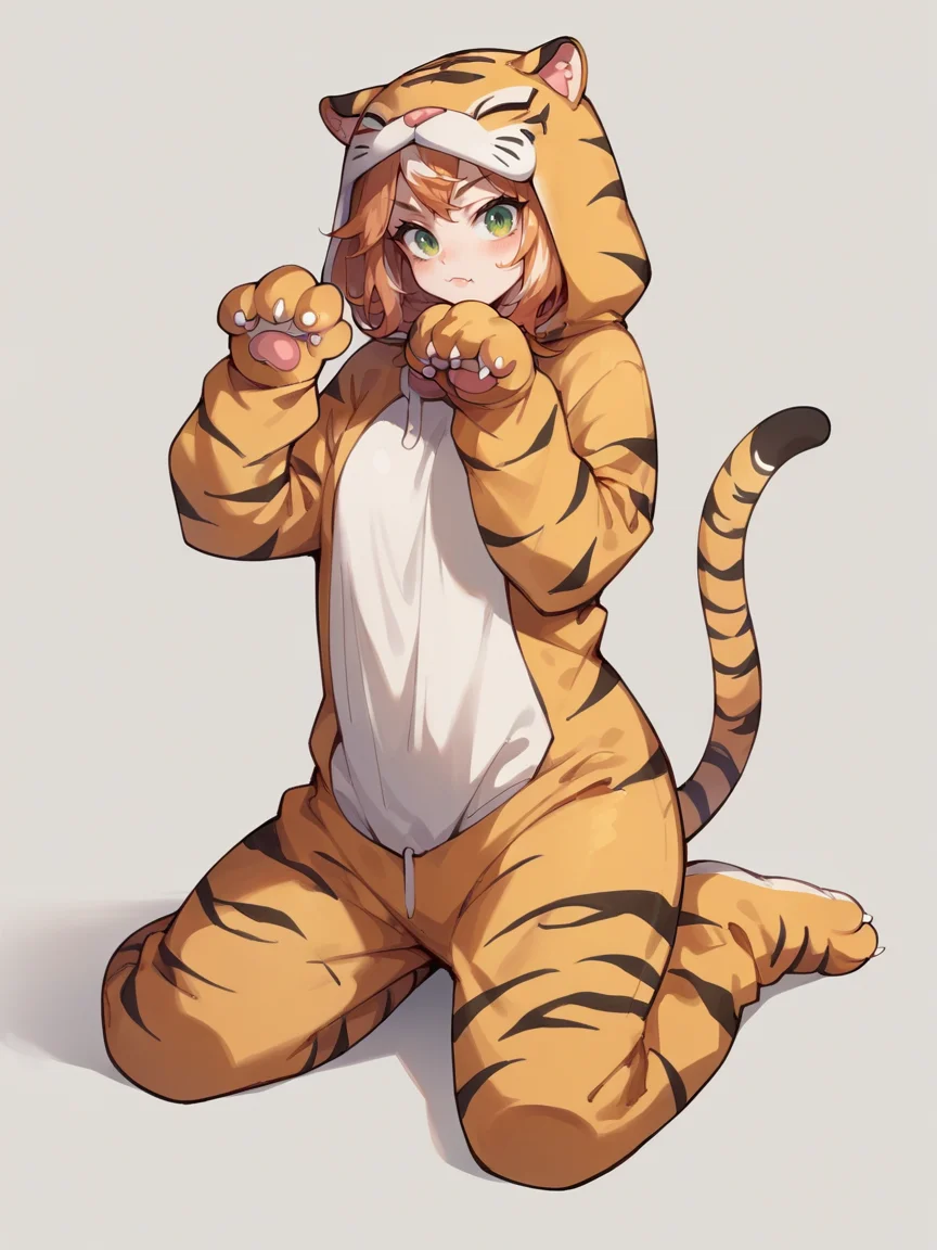 score_9, score_8_up, score_7_up, score_6_up, score_5_up, <lora:KittyonesieXLP2:0.7> kitty onesie, animal costume, hood, tail, solo, 1girl, tiger print, cat costume,