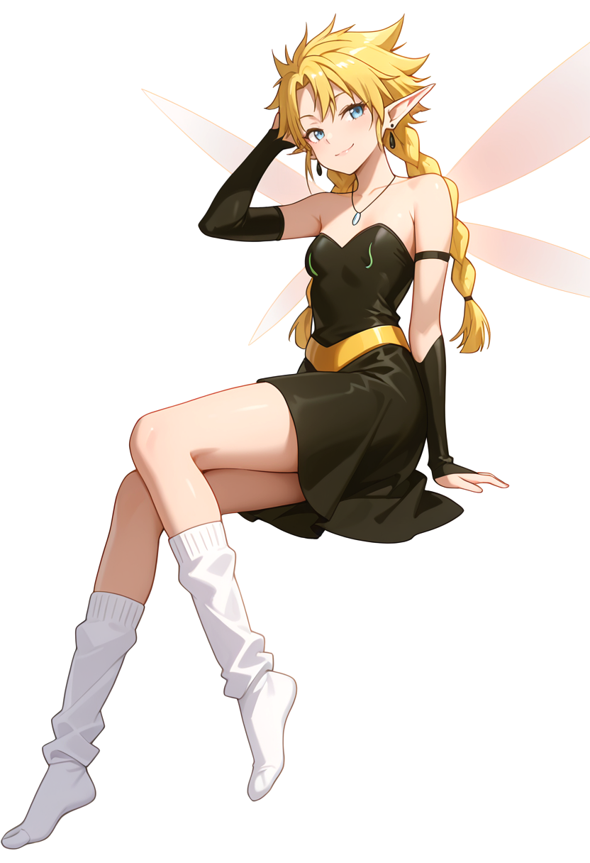 Smooth Quality,masterpiece,very intricate, high quality details, ultra realistic, high detailed skin,detailed enviorement,absurdres,
simple background, white background,solo,
lying on side, one arm supporting head, relaxed legs, soft smile, casual vibe,  ,front view,naughty face,
 <lora:Ramiriscnn:0.8> ramiriscnn,1girl, long hair, blonde hair, twin braids, pointy ears,wings, fairy wings,fairy, bare shoulders, strapless black dress,bridal_gauntlets, socks,necklace, earrings,