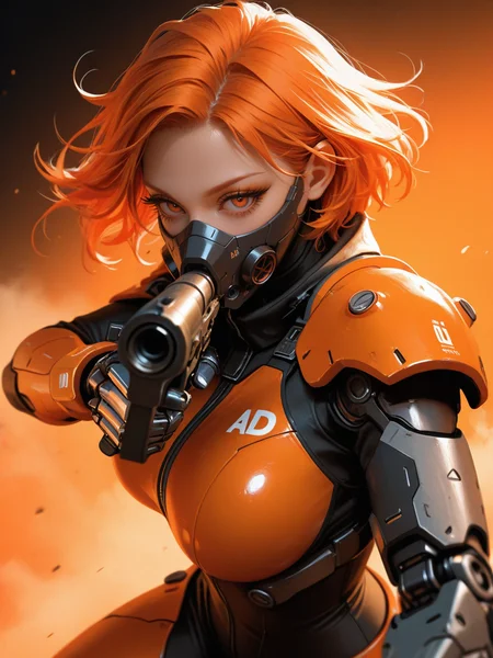 masterpiece, best_quality, amazing quality, newest, add detail+, no lineart, sharp focus, real skin,
photorealistic, film grain, gradation color grading.
1beautiful woman, 30 years old, cyber mask, expressionless, sideways glance at viewer. long eyes, long eyelashes, eyeshadow. short hair, orange hair. big breasts, fat arm. wearing a orange soldier suit, armor, bodysuit, mechanical arm, science fiction. holding gun with one hand, aiming at viewer, gun action, muzzle. simple orange background, pro lighting, orange theme, dust. shoot from side, face focus, foreshortening, dynamic composition, dynamic angle.
detailxl,
Asian-Less2-Neg
<lora:NijijourneyNoob_byKonan:0.4>
