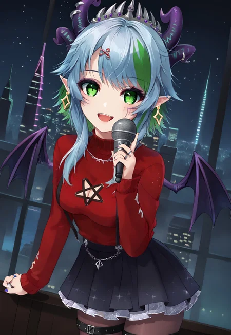 safe_pos, 1girl, solo, solo focus, highres, absurdres, FrootWinter, green hair, multicolored hair, pointy ears, green eyes, multiple horns, demon horns, bangs, short hair with long locks, earrings, streaked hair, blue hair, hair ornament,
demon wings, red sweater, cleavage cutout, clothing cutout, cleavage, black skirt, pantyhose, thigh strap, ring,
looking at viewer, smile, open mouth, singing, head tilt, hand up, holding microphone, dutch angle,
cityscape, neon lights, night, night sky, dark,