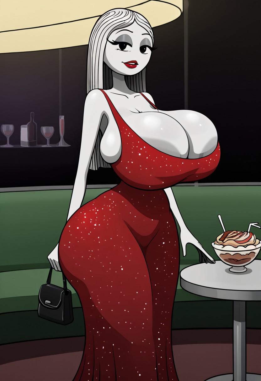 Ms. Sticks, huge ass, thick thighs, hourglass figure, dark red dress, sparkly dress, cleavage, sagging breasts, saggy breasts, restaurant, romantic, date, red lipstick, eyeshadow, purse, seductive expression, looking at viewer, low lighting, detailed, masterpiece