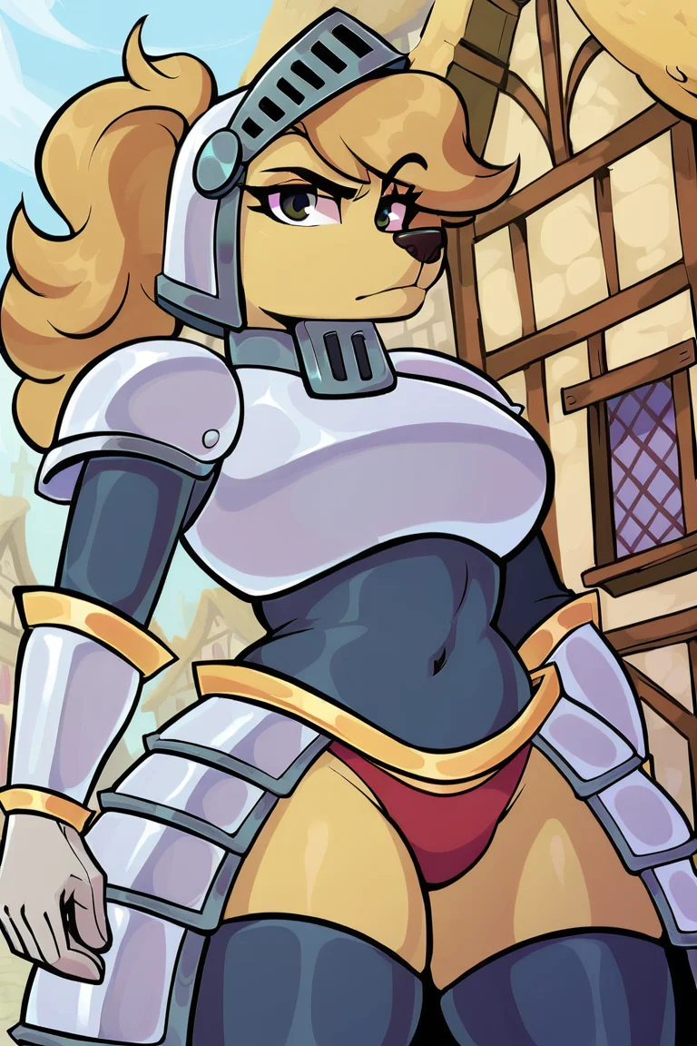 solo, 1girl, female, amelia_steelheart, serious, BREAK armor, shoulder armor, breastplate, black thighhighs, red panties, gloves, boots, pauldrons, faulds, BREAK outdoors, medieval town, colorful, looking at viewer, portrait, BREAK ((ultra-detailed)), ((best quality)), ((best quality)), ((beautiful eyes)), ((extremely detailed)), 4K, (8K), best quality, (beautiful), Master piece, highres, score_9, score_8_up, score_7_up, score_6_up, score_5_up, score_4_up, colorful, best quality, official art, highres, masterpiece, nai3, god light, detailed background, high quality background, no outlines, <lora:Amelia_Steelheart_SimplifyPM:0.9>