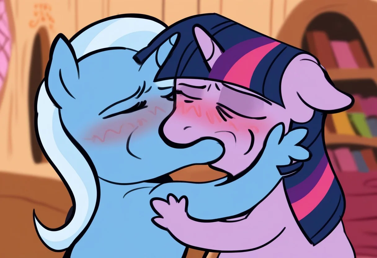 score_9, score_8_up, 4RCH0N, JustWatchStyle, Twilight Sparkle_(mlp), Trixie_(mlp), duo, multiple_girls, Purple Skin, Purple Eyes, light purple eyes, mikus-concept, hugging pose, kiss, closed eyes, duo, 2people, holding each other, half-closed_eyes, standing, indoors, golden_oak_library, upper_body, blush, looking_at_another, annoyed_face, blurry,