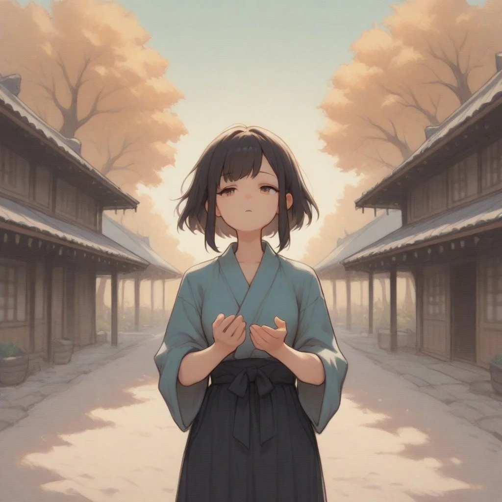 a sparse, leafless tree and traditional Japanese houses peek through the mist, giving off a historical vibe soft colors,score_9, score_8_up, masterpiece, anime