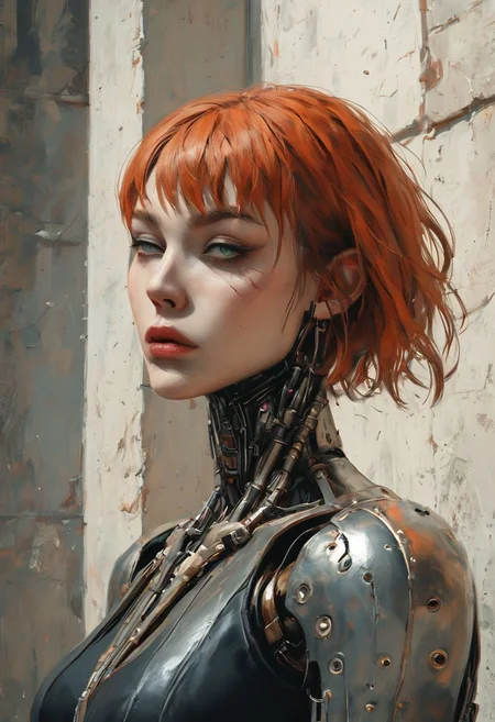 score_9, score_8_up, score_7_up, raw, fcNeg, Expressiveh, realistic, highly detailed, fantasy, (oil painted:1.2), g0thicPXL, w00dpr0sth3t1c
/BREAK/
1girl, 25 years old, (tan skin:1.2), (dusky green eyes:1.2), beautiful eyes, scars, natural skin texture, (perfect face:1.2), (cropped rust-red ginger hair:1.5), (bangs:1.4), (big body frame:1.4), strong woman, subsurface scattering, very detailed face, (metallic_prosthetic_arm:1.4), (mechanical arms:1.4), cable, wires, reelmech, mechanical parts, bulky steampunk body suit, metal_joints, (prosthetic_harness), (very fit body:0.8), (muscular:1.2), (medieval armor:1.2), (holding a sword:1.4), squatting
BREAK
outdoors, daylight, blue sky, beautiful lighting, beautiful vibrant colors, in the streets of a medieval city, medieval alleyway, full body