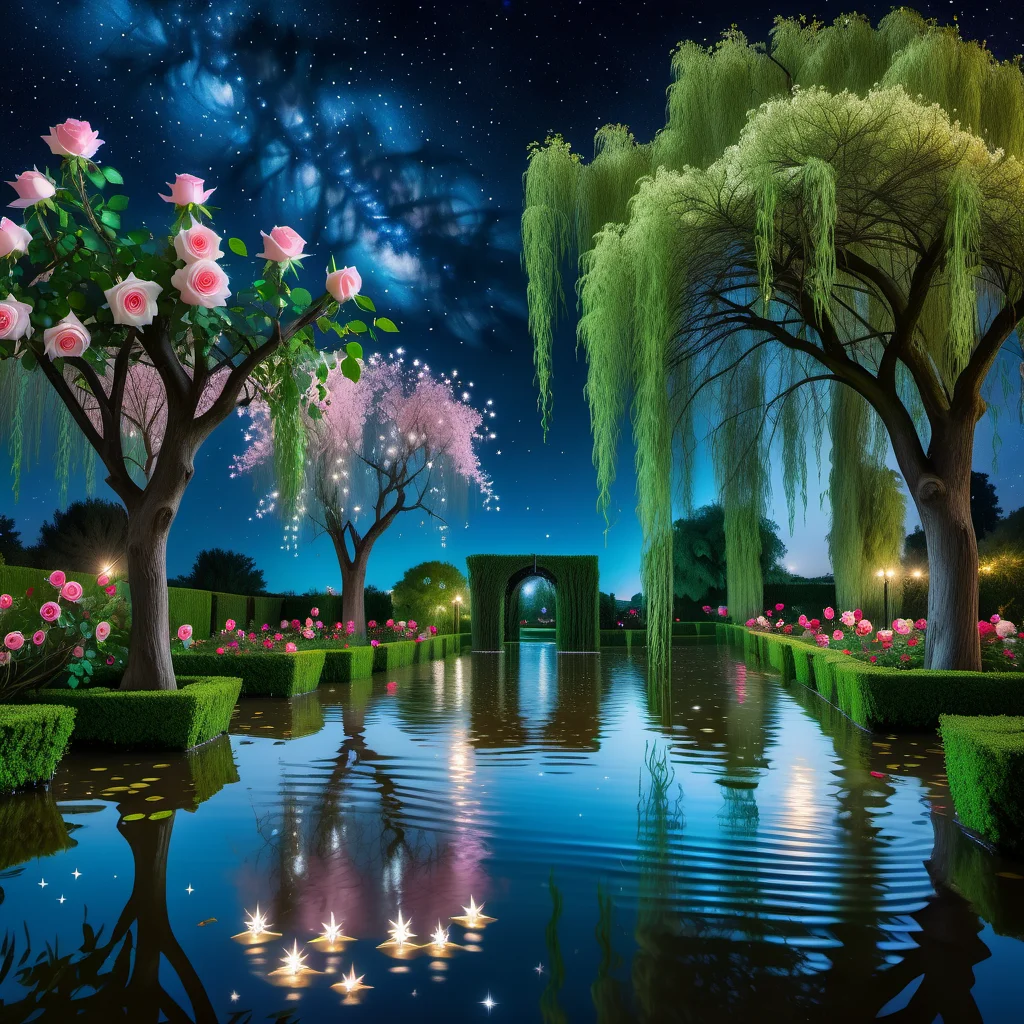 extremely detailed up close photo of an flooded rose garden with willow trees under a starry sky at night, award-winning, beautiful, high-quality, overgrown, ethereal