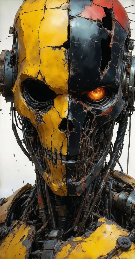 A hyper-realistic portrait of a damaged, biomechanical cyborg male, facing the viewer. His rusted, broken helmet, with peeling yellow, red, and black paint, reveals corroded metal beneath. No eyes or mouth are visible behind the split face shield. His exoskeleton fuses with alien tissue, combining decayed metal, cracked bone, and organic material. The body is covered in pipes, tubes, and cables, adding to his menacing. The background is a post-apocalyptic industrial landscape, subtly contrasting with the rusted, decayed killer machine