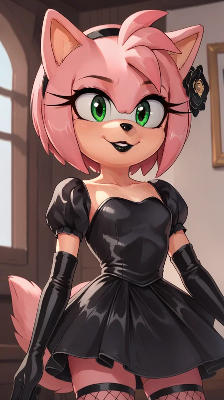 indoors,bedroom
headshot,smile,parted lips,happy
black t-shirt
<lora:Princess_Peach_Shiny_Style_V2:0.8>,<lora:AmyBlackRose_v03_PDXL:0.9>,AmyBlackRose,1girl,solo,furry female,short hair,pink hair,hairband,bangs,hair ornament,hair flower,black hairband,sidelocks,green eyes,makeup,long eyelashes,black lipstick,animal nose,animal ears,body fur,pink fur,fishnet thighhighs,black gloves,elbow gloves,black dress,strapless dress,full body,âââ