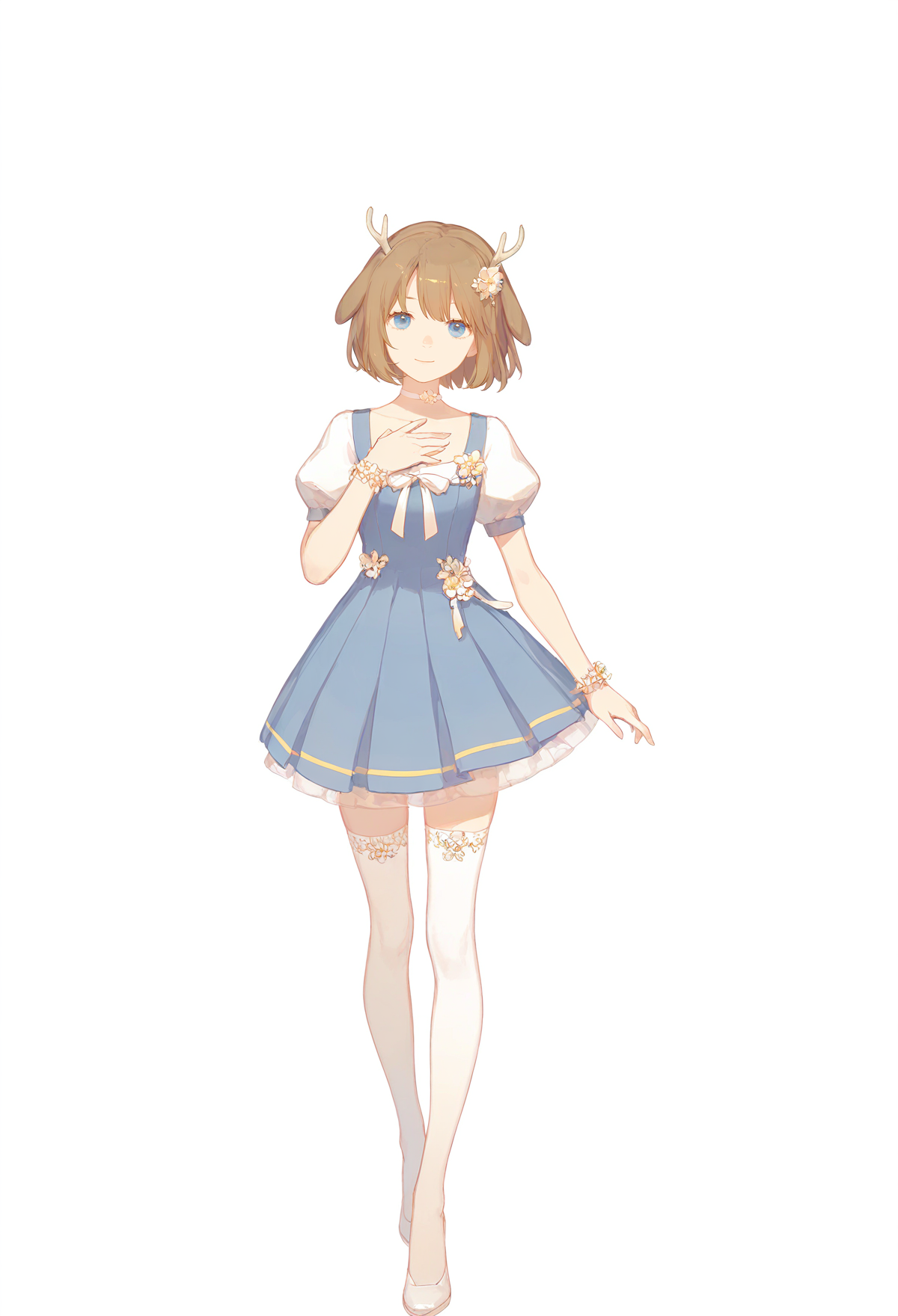 <lora:askhuafeng:1>askhuafeng, 
kano, (antlers:1.2), 1girl, transparent background, brown hair, solo, thighhighs, blue eyes, pleated dress, white thighhighs, dress, full body, smile, virtual youtuber, short sleeves, short hair, hair ornament, looking at viewer, white footwear, puffy short sleeves, shoes, watson cross, tachi-e, standing, bracelet, hand on own chest, jewelry, puffy sleeves, flower, choker
<lora:kano_ill_11_laji:1>