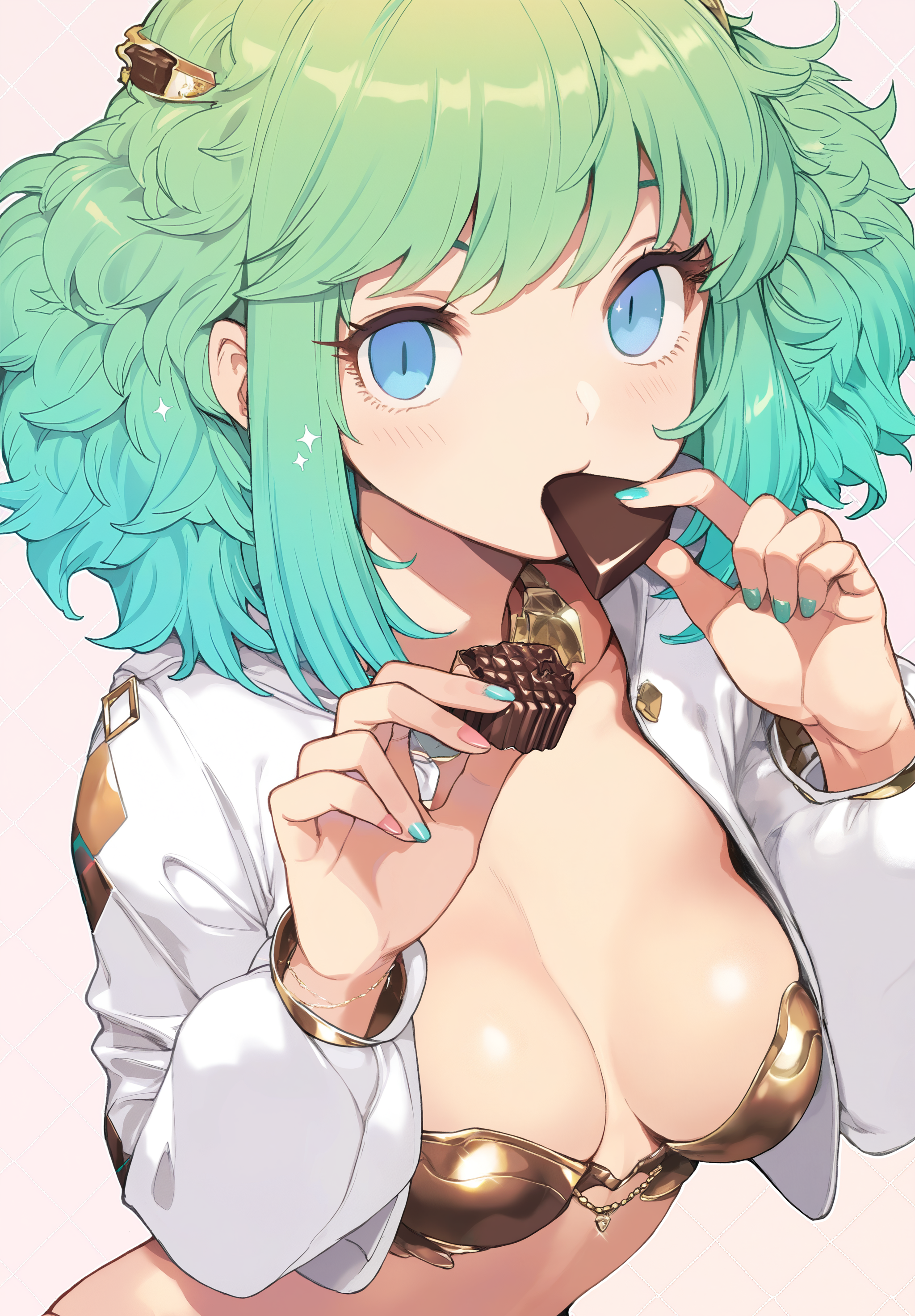 masterpiece,absurdres,best quality,high quality,<lora:Cool Rance V4 Vpred Noob:1>,1girl,(close-up:1.5),upper body,eating chocolate,blue eyes,gradient hair,blue hair,green hair,looking at viewer,argyle background,argyle clothes,jewelry,puffy hair,fingernails,nail polish,long eyelashes,sparkle,medium hair,medium breasts,cropped jacket,